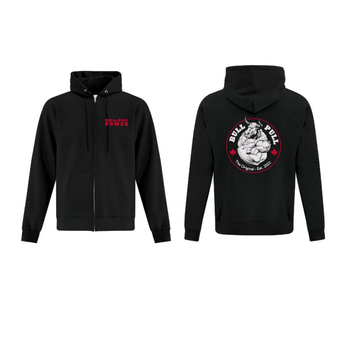 Black zip-up hoodie with Bull Pull logo